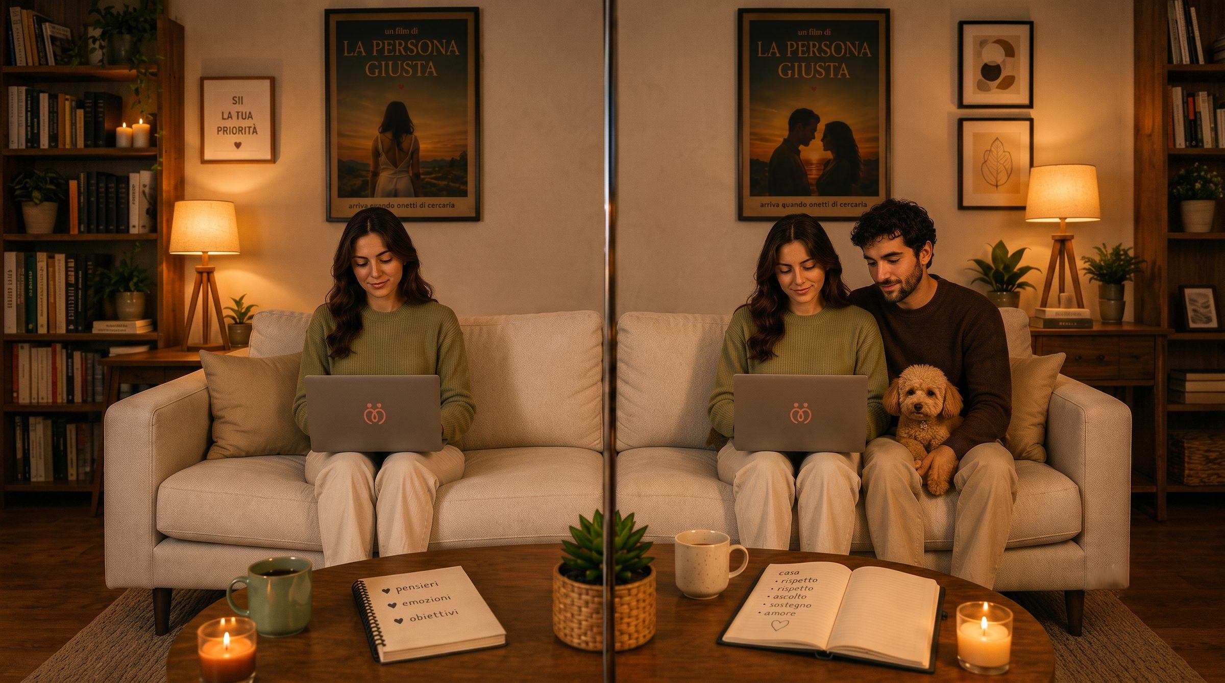Una donna e una coppia sul divano, la sera, davanti al laptop